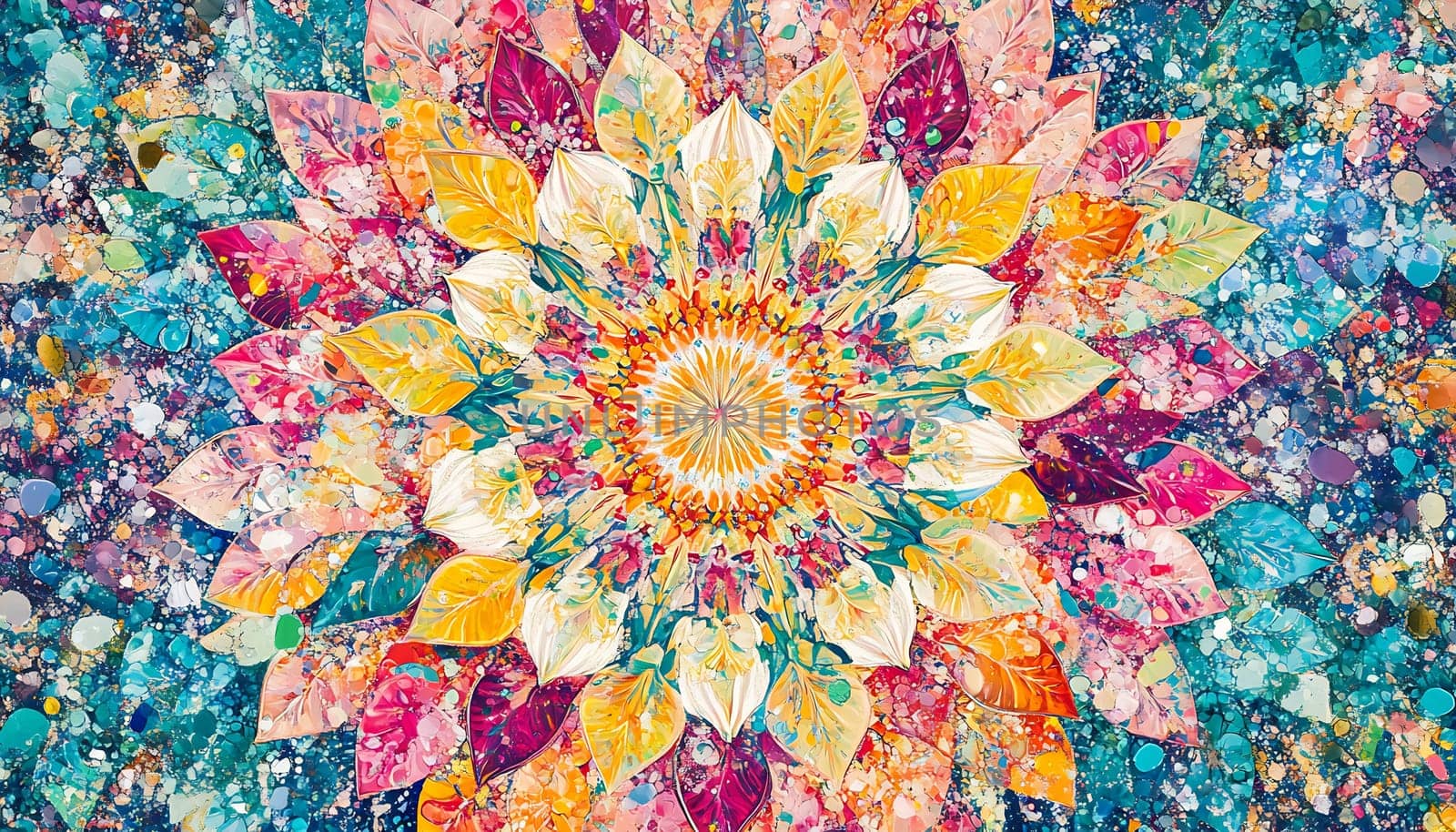 A vibrant mandala pattern made of colorful leaves and petals, creating a stunning floral effect on a textured background.