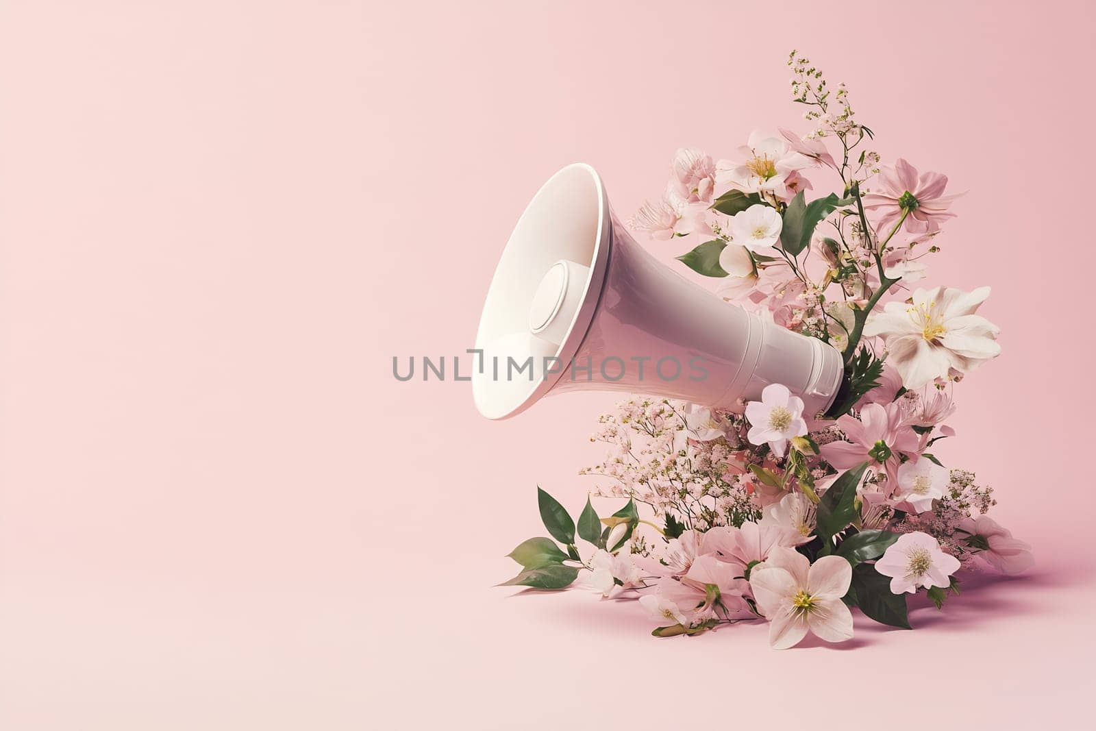 A white loudspeaker emerges from a lush arrangement of pink flowers against a soft pastel backdrop, creating a vibrant display of sound and nature.