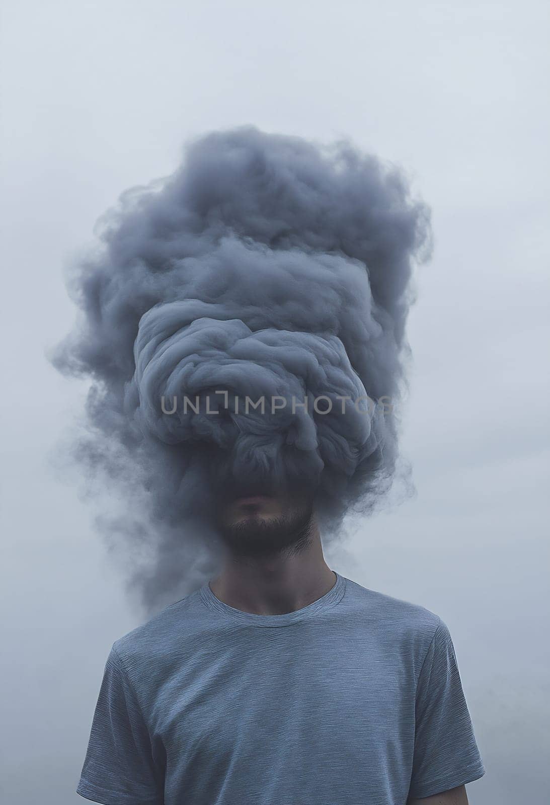 A person stands outdoors with a dense cloud of gray smoke billowing over their head against a cloudy sky.