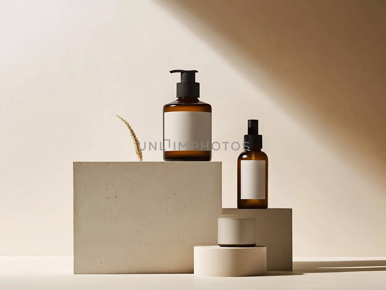 Two skincare bottles sit atop geometric blocks, showcasing a clean and modern aesthetic with soft lighting.