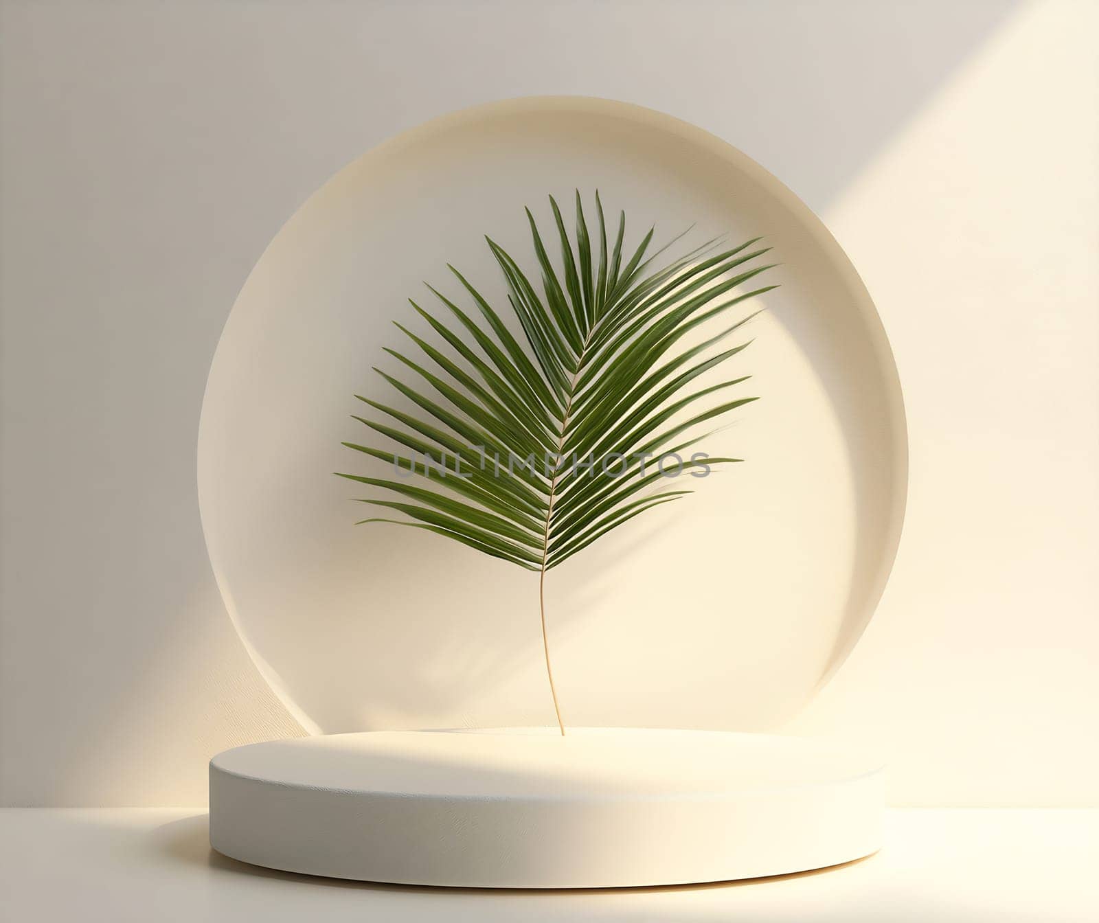 A vibrant green palm leaf is elegantly placed against a softly illuminated white backdrop, creating a serene atmosphere.