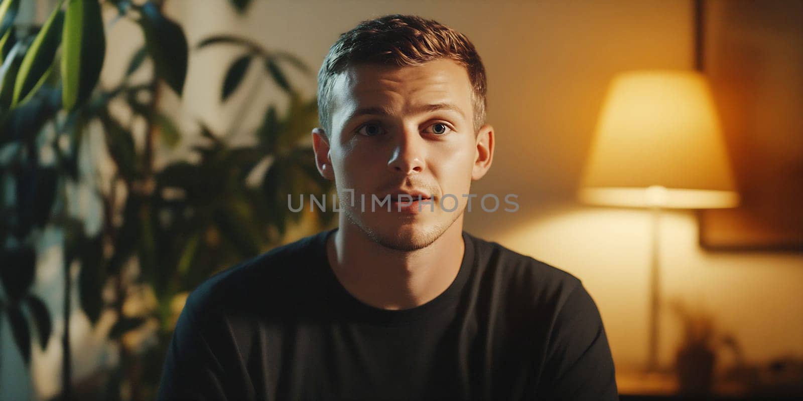 A young man engages in conversation while sitting in a cozy indoor setting, illuminated by a warm lamp in the background.