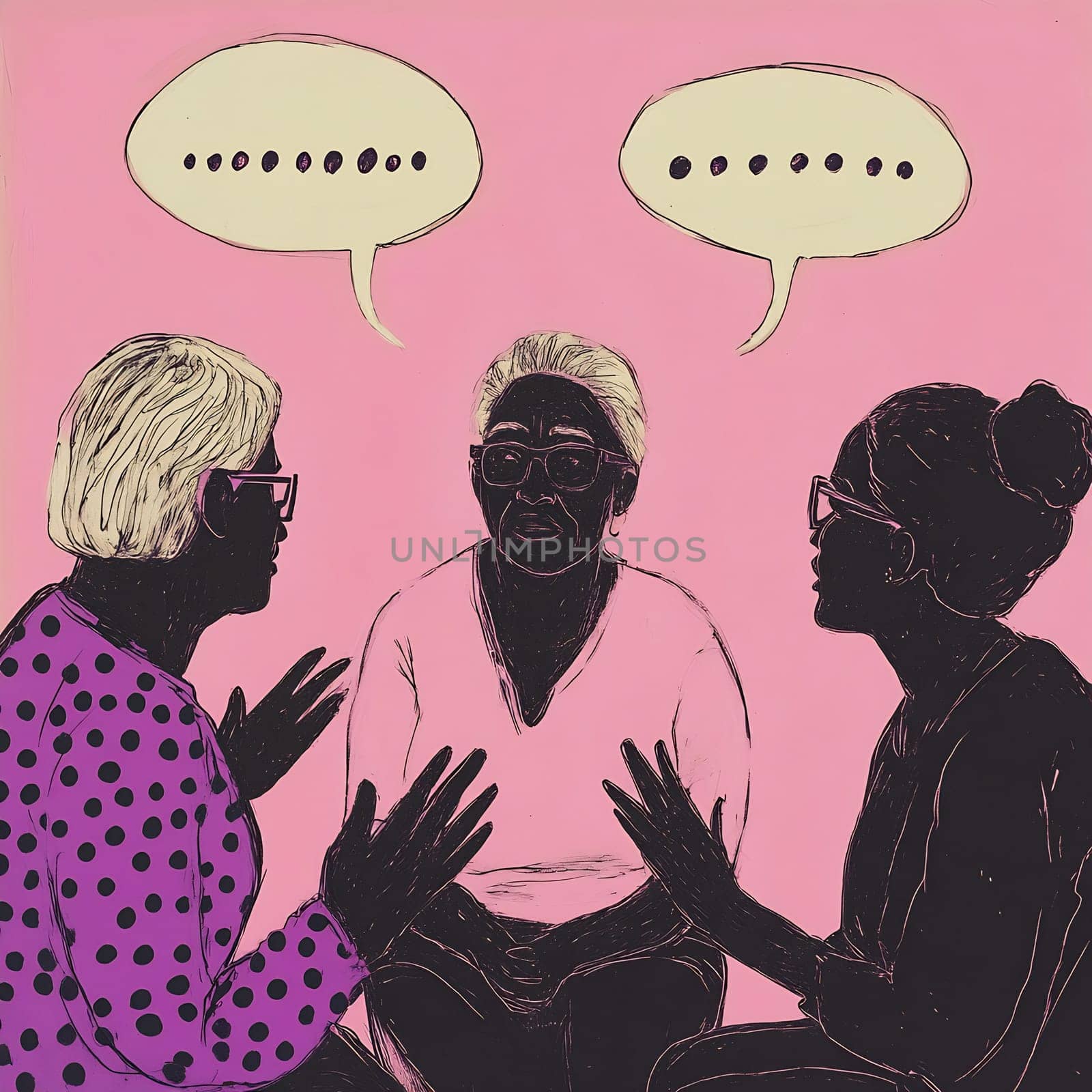 Three women engage in conversation, sharing thoughts and expressions in a colorful, lively atmosphere that encourages dialogue.