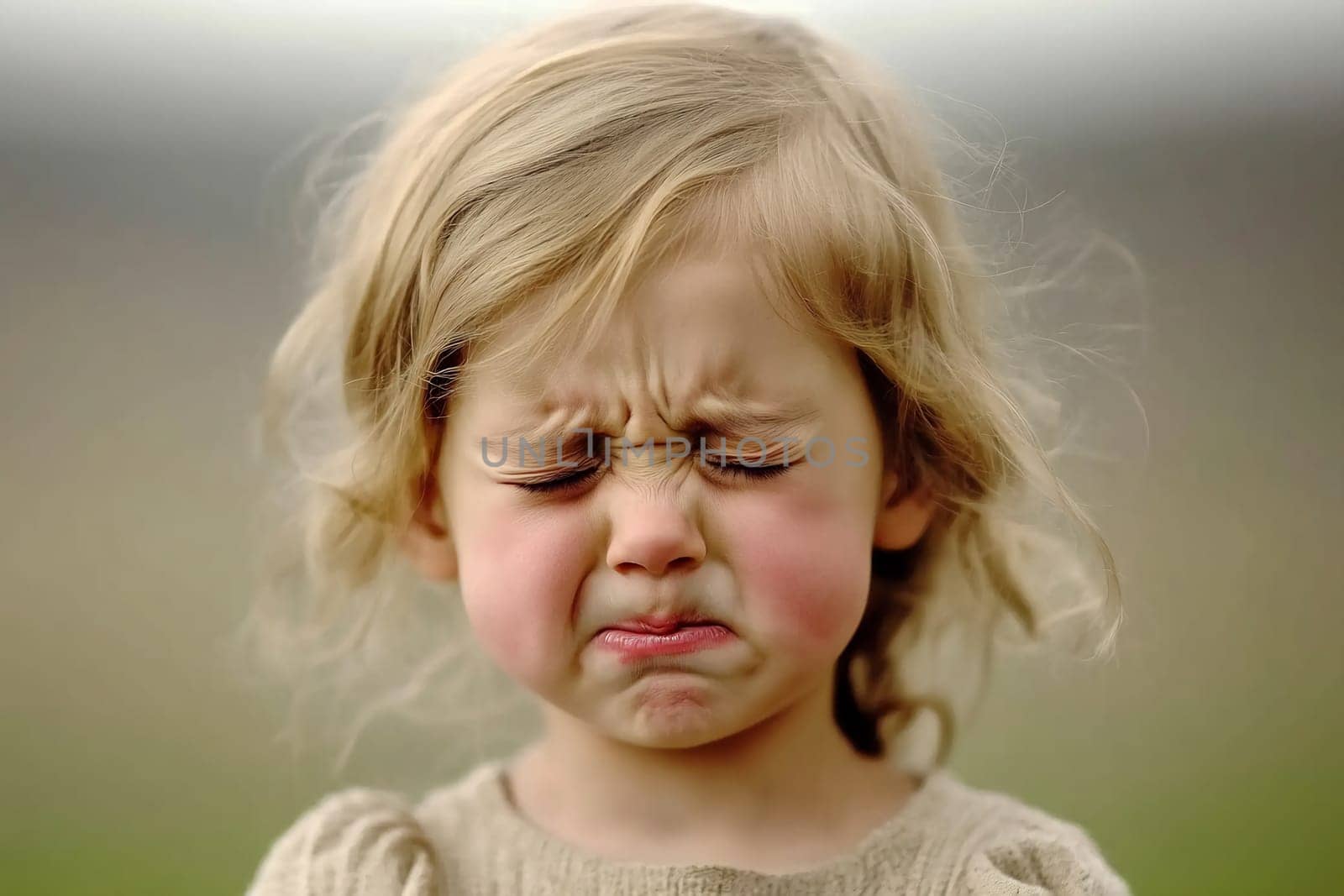 A young child frowns with frustration while standing outside, surrounded by nature on a cloudy day.