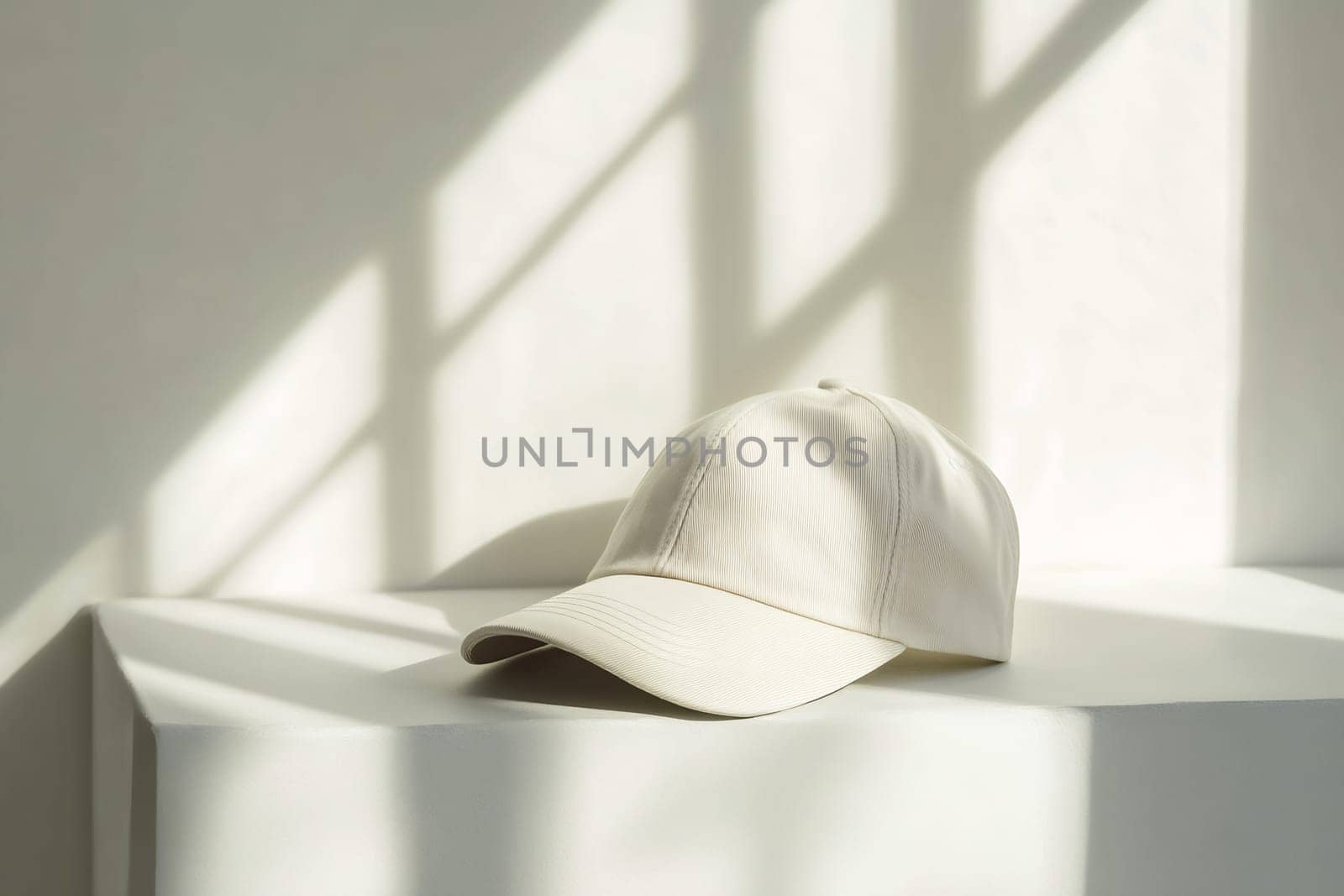 A beige cap rests on a minimalistic surface, illuminated by soft natural light creating interesting shadows.