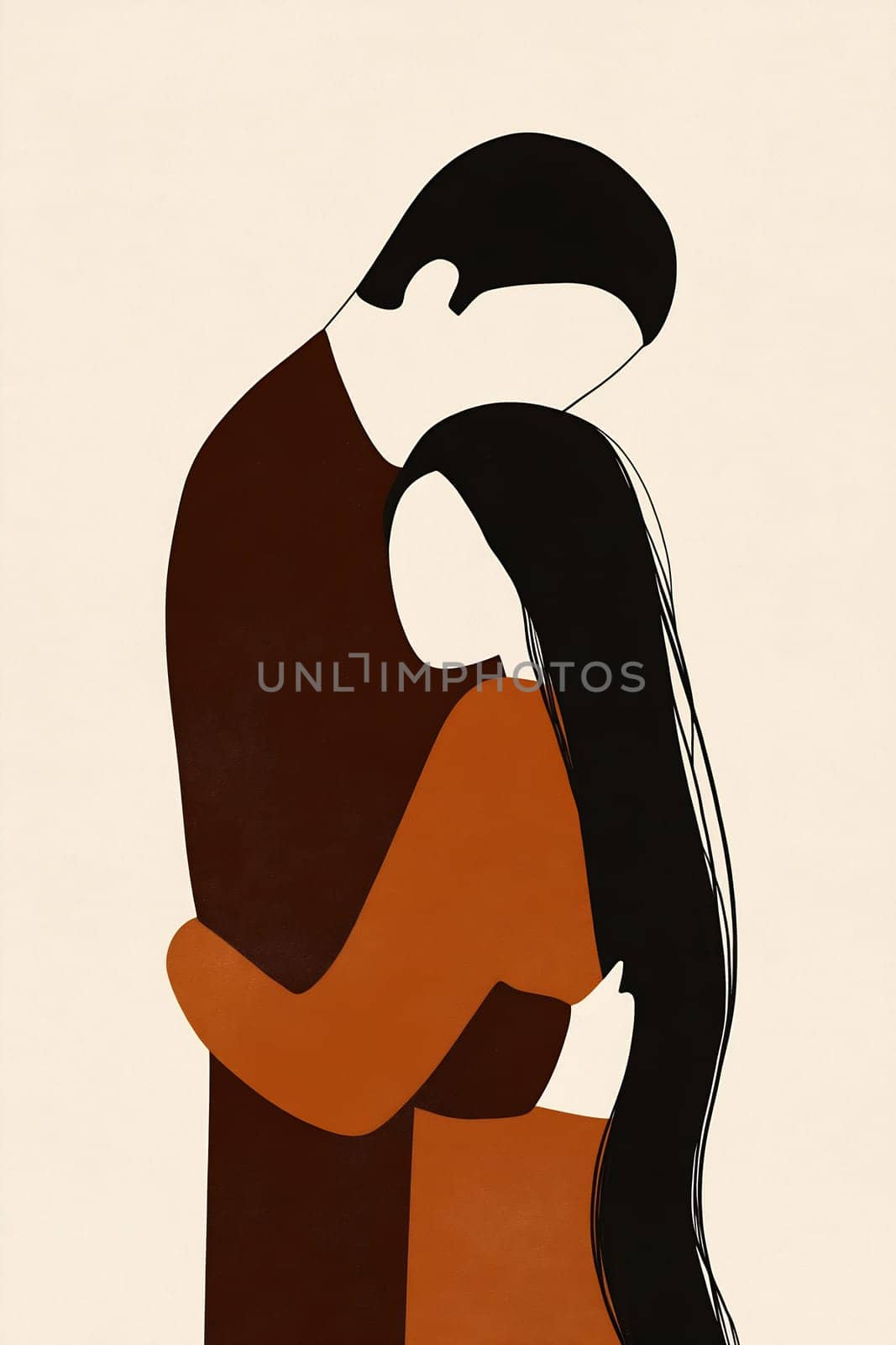 A couple shares a tender moment, embracing each other with warmth, set against a soft, neutral background.
