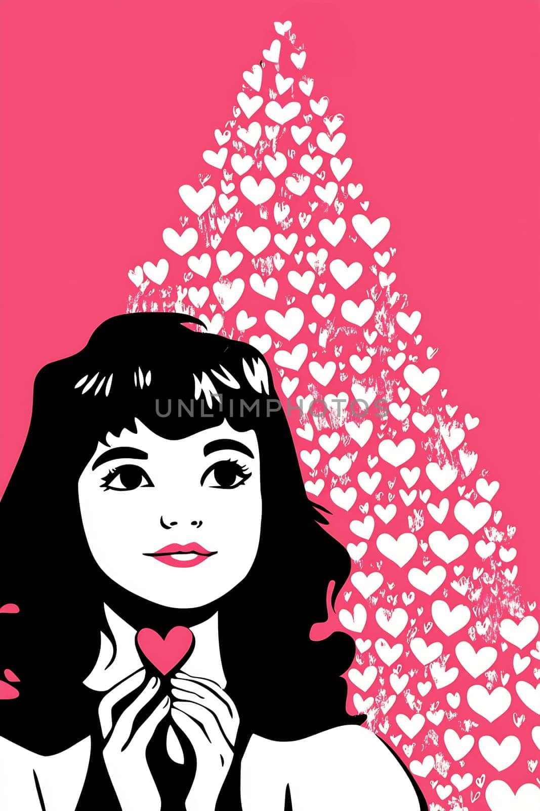 A young woman holds a heart while gazing dreamily at a background filled with white hearts on a vibrant pink backdrop.