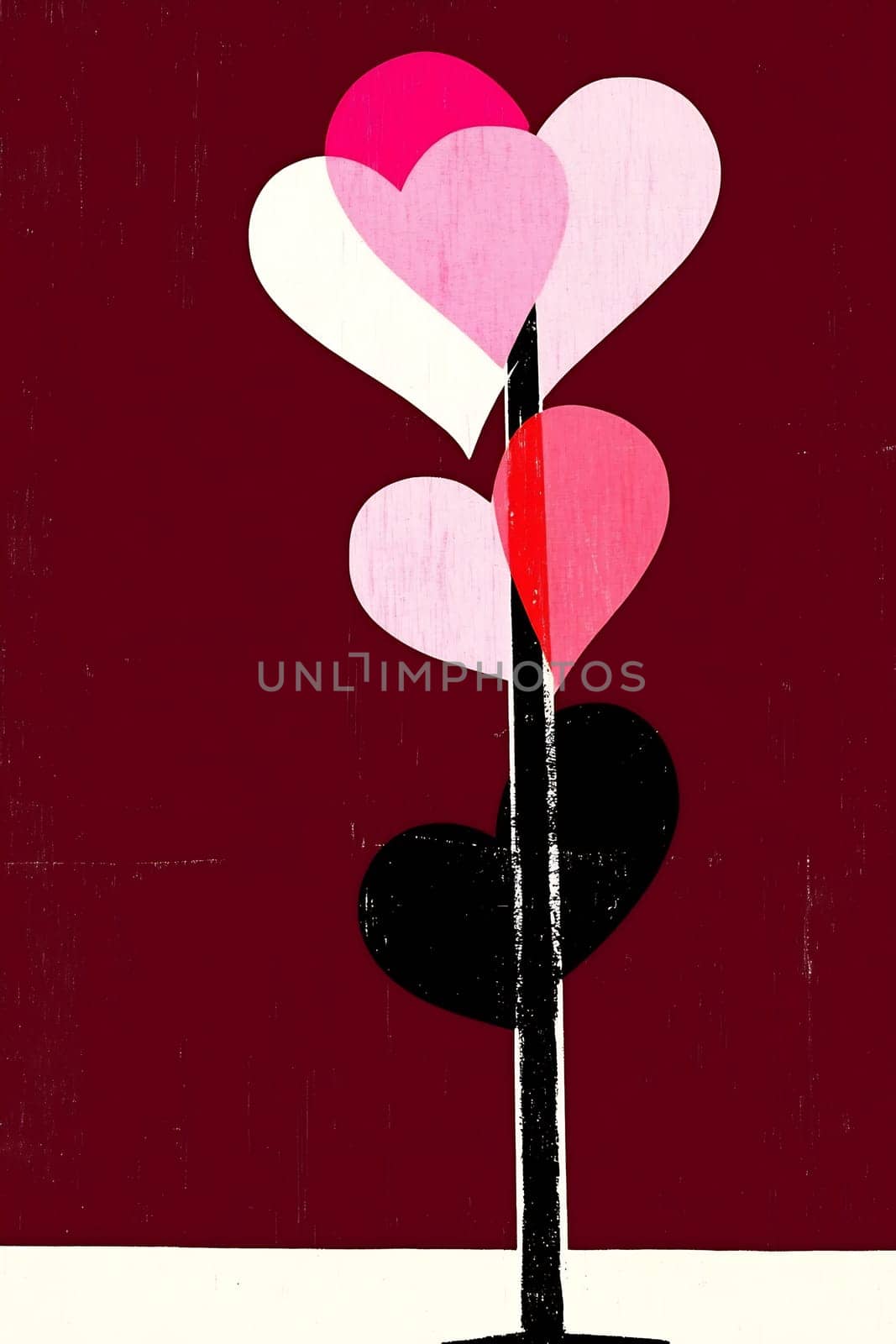 A display of hearts in varying shades stands on a simple pole against a deep red backdrop, creating a playful and vibrant atmosphere.