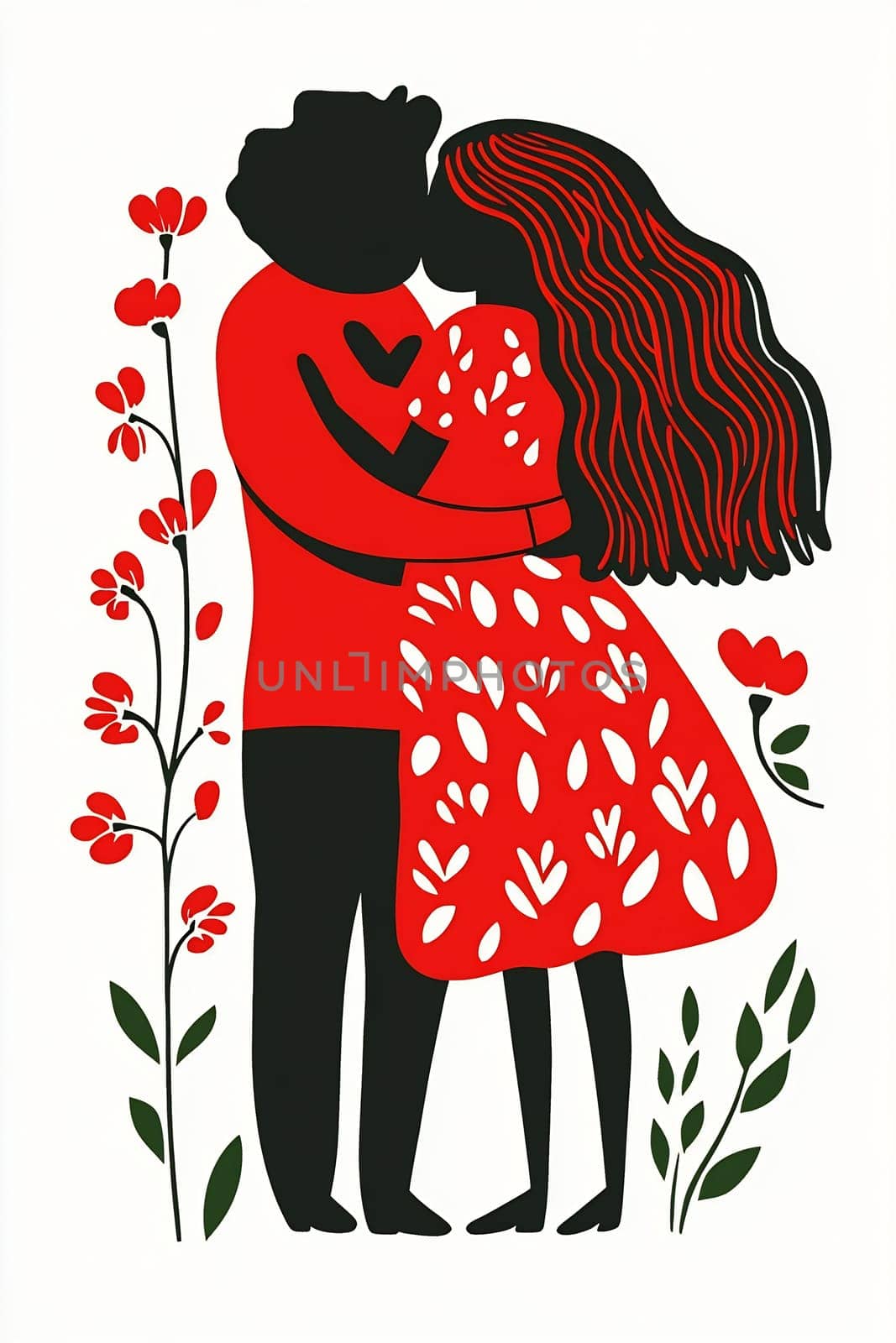 A couple hugs affectionately amidst blooming flowers, showcasing warmth and connection through artful stylization and color.