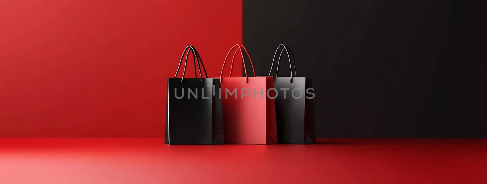 Three shopping bags in red and black stand against a vibrant backdrop, highlighting a modern retail atmosphere.