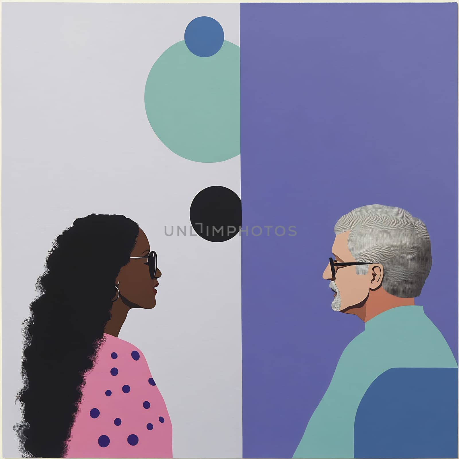 A woman and a man sit face to face, engaged in conversation, surrounded by colorful abstract shapes in a modern setting.