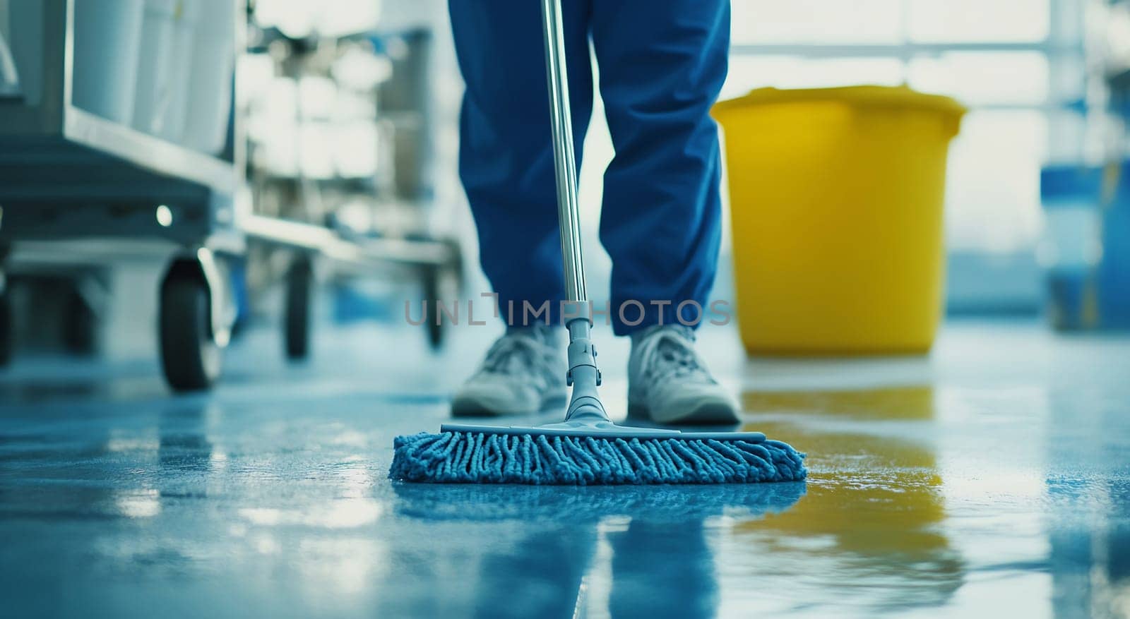 A person in blue attire is mopping the floor with a wet mop, ensuring cleanliness in a bright space.