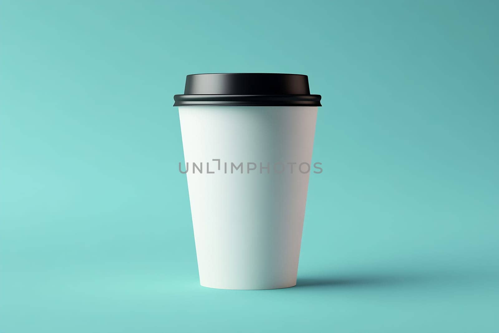 A plain white takeaway cup with a black lid sits against a teal background, showcasing a minimalist design and color palette.