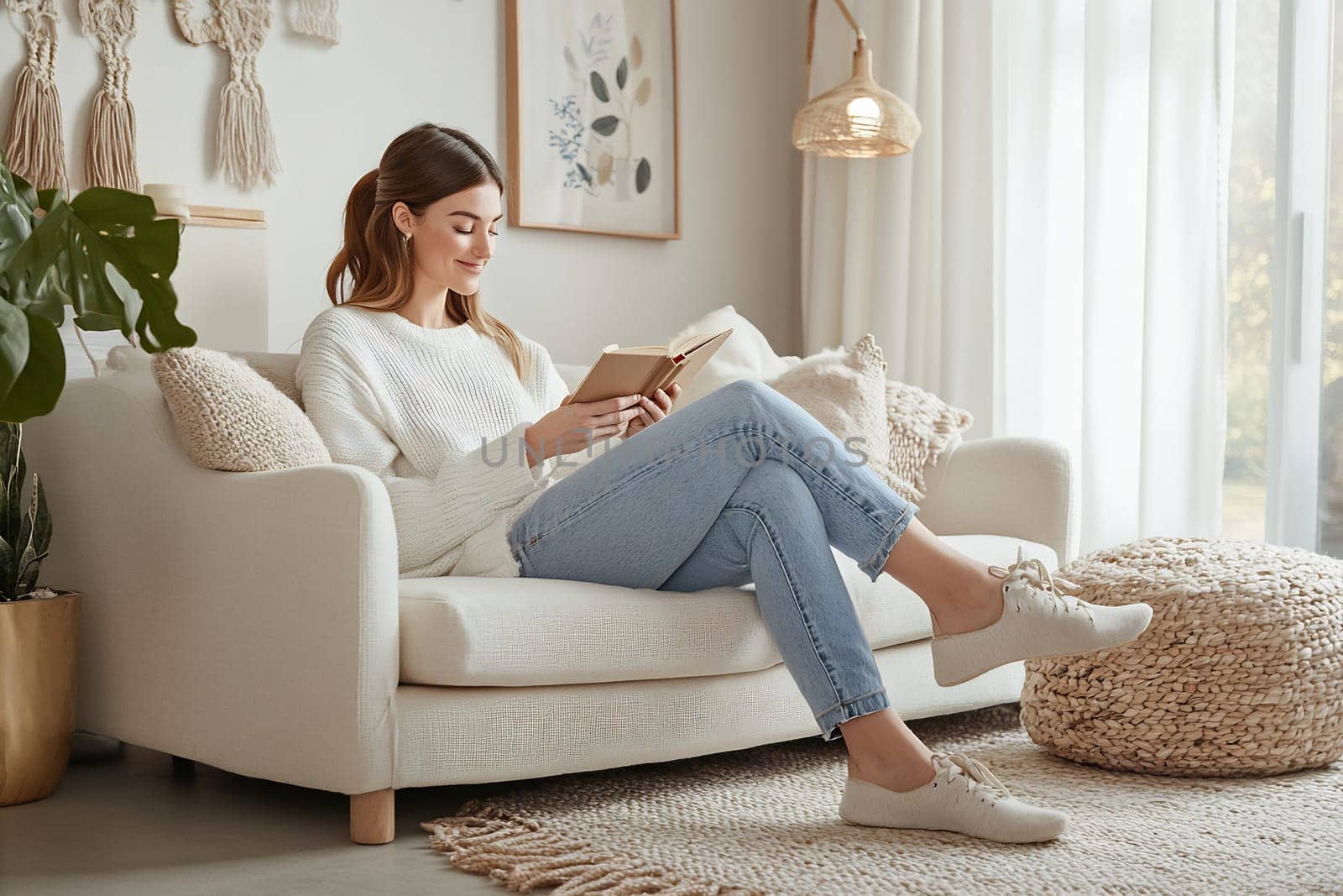 A young woman relaxes on a sofa, enjoying a book in a bright, inviting living room with natural decor.