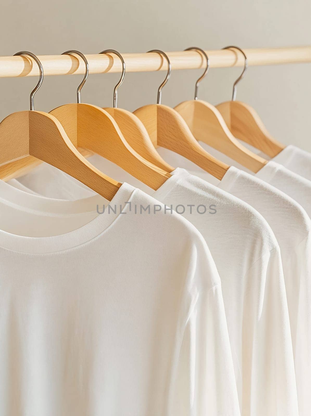 Several white long sleeve shirts hang on hangers against a plain background, showcasing a simple and organized display.