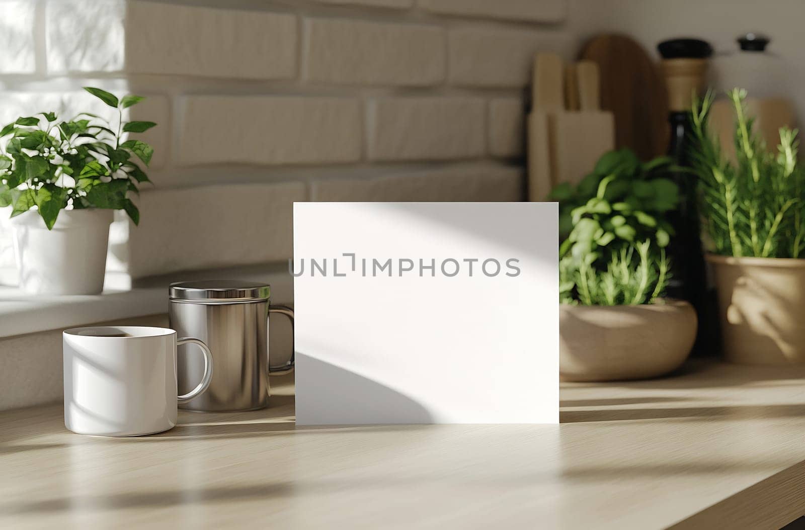 A sunny kitchen countertop features a blank canvas alongside mugs and plants, creating a serene and inviting atmosphere.
