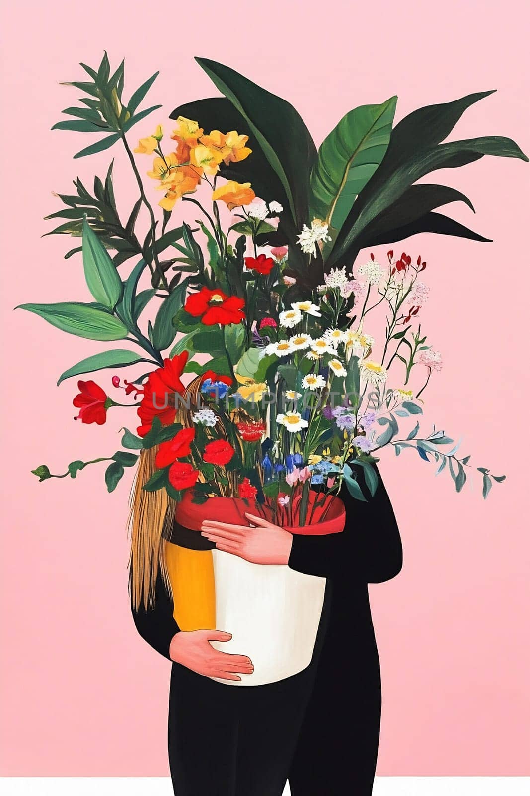 A person stands indoors, hugging a vibrant assortment of flowers and plants against a pink background.