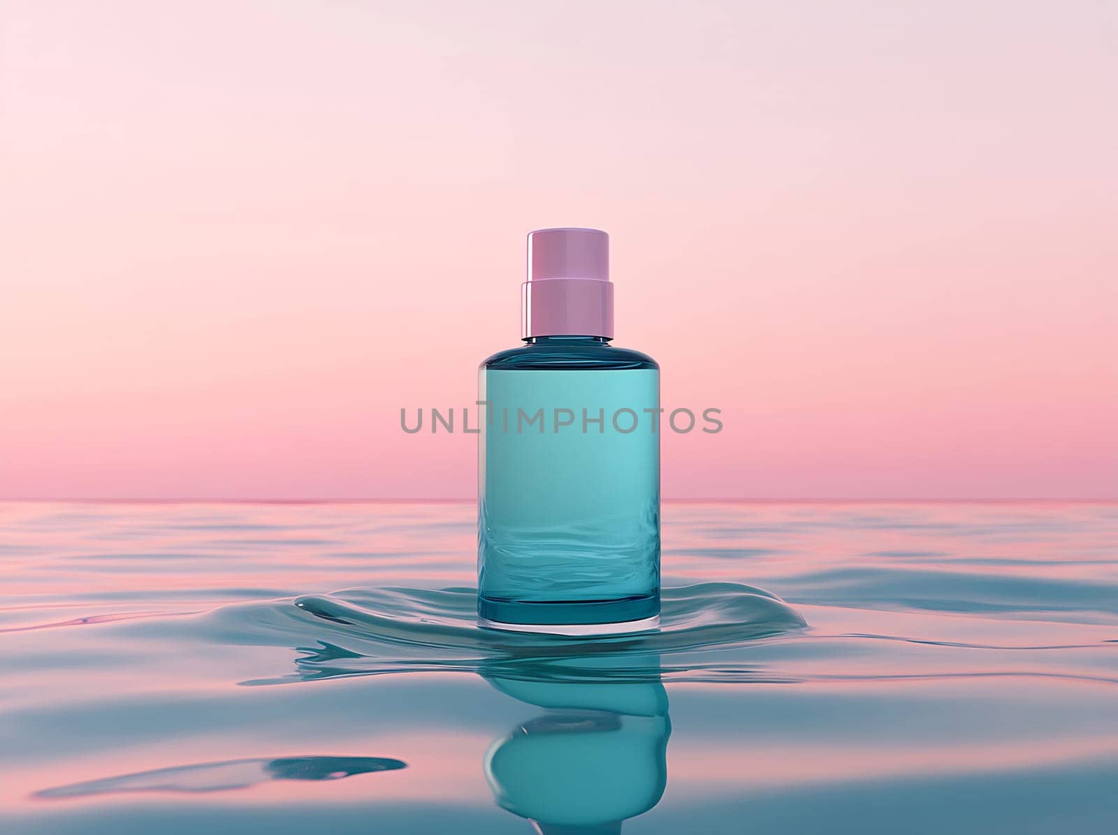 A tranquil blue bottle rests on the water's surface as soft sunset colors blend in the background, creating a peaceful atmosphere.
