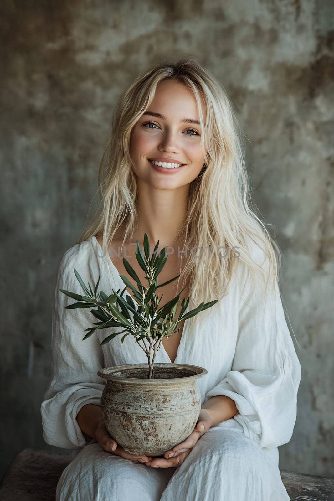 A woman with long hair smiles brightly while holding a small potted plant, creating a warm and inviting atmosphere indoors.