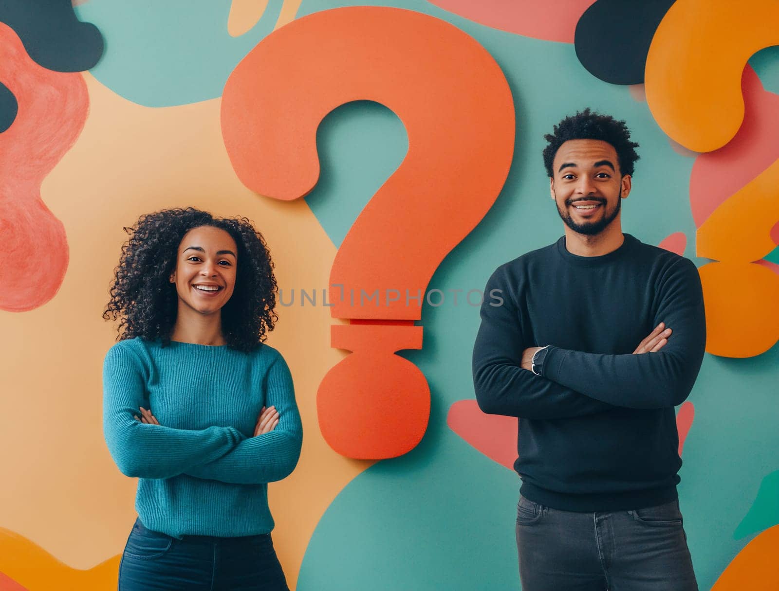 A man and a woman pose confidently against a vibrant mural featuring large question marks and abstract shapes.