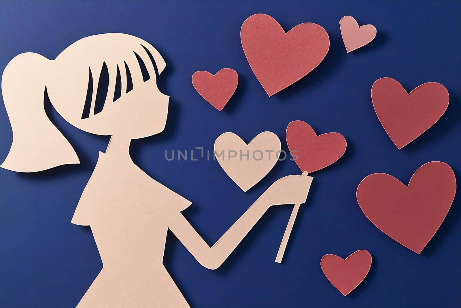 A girl in a dress joyfully holds a stick with hearts, surrounded by floating heart shapes on a blue background.