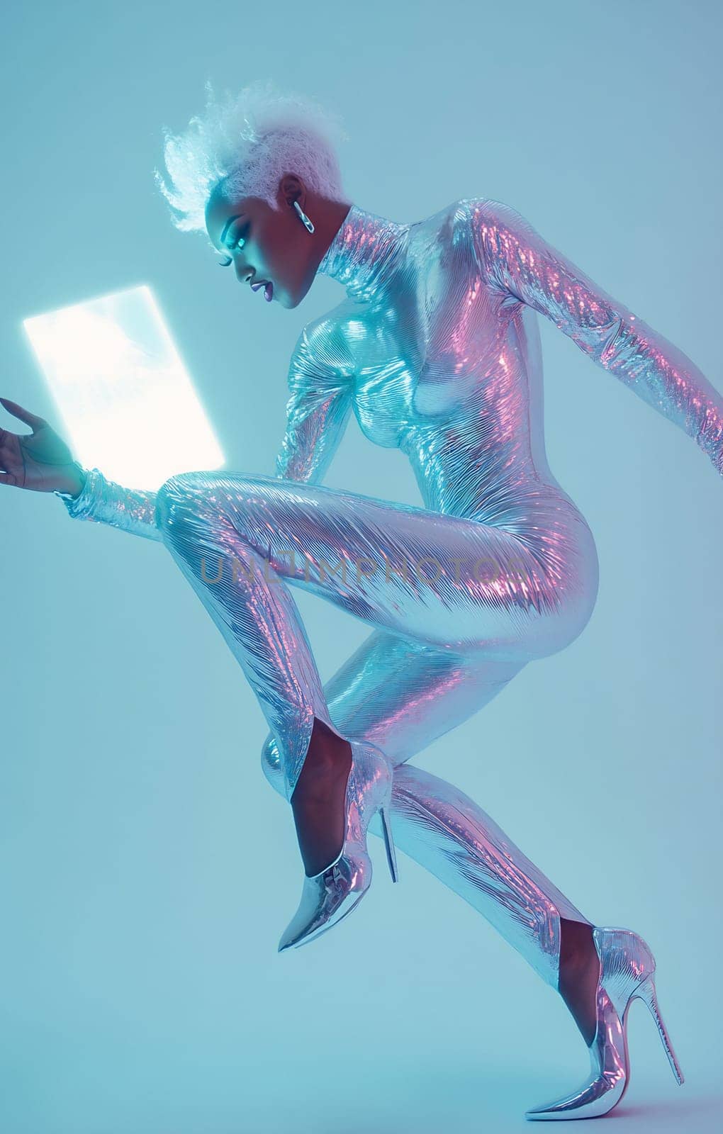 The model strikes a dynamic pose, showcasing a shiny, metallic outfit while holding a glowing object. The background is softly illuminated.