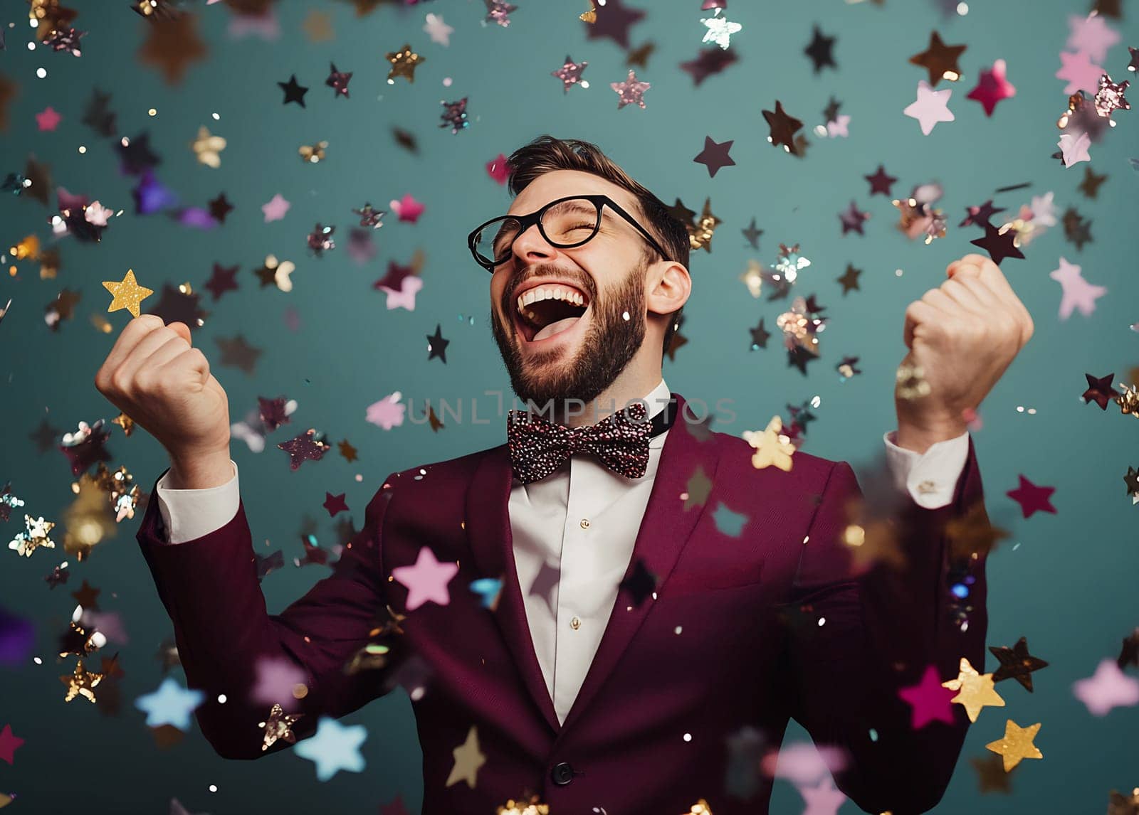 A man in a tuxedo joyfully celebrates, surrounded by colorful confetti stars, expressing excitement and happiness.