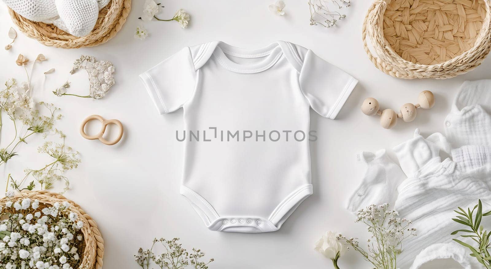 A small white onesie is beautifully arranged among delicate flowers and woven baskets, showcasing a charming nursery setting.