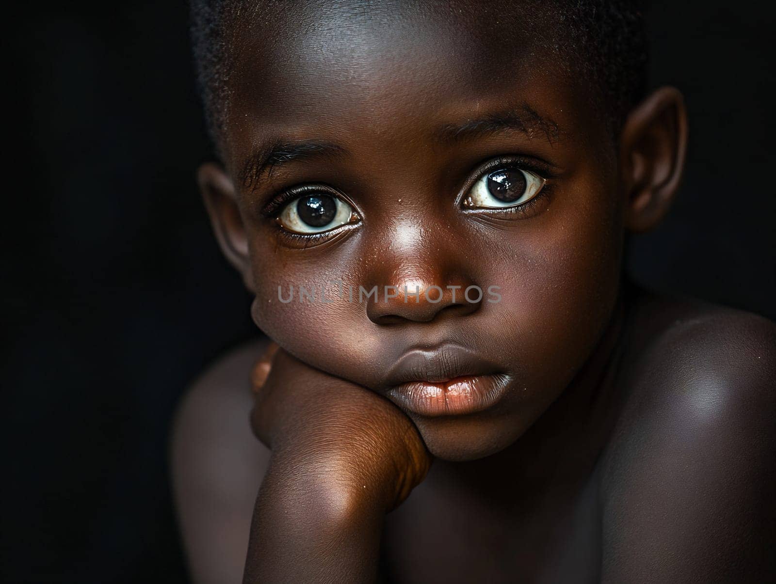 A young child gazes intently with large eyes, resting their chin on their hand in a moment of reflection and curiosity.