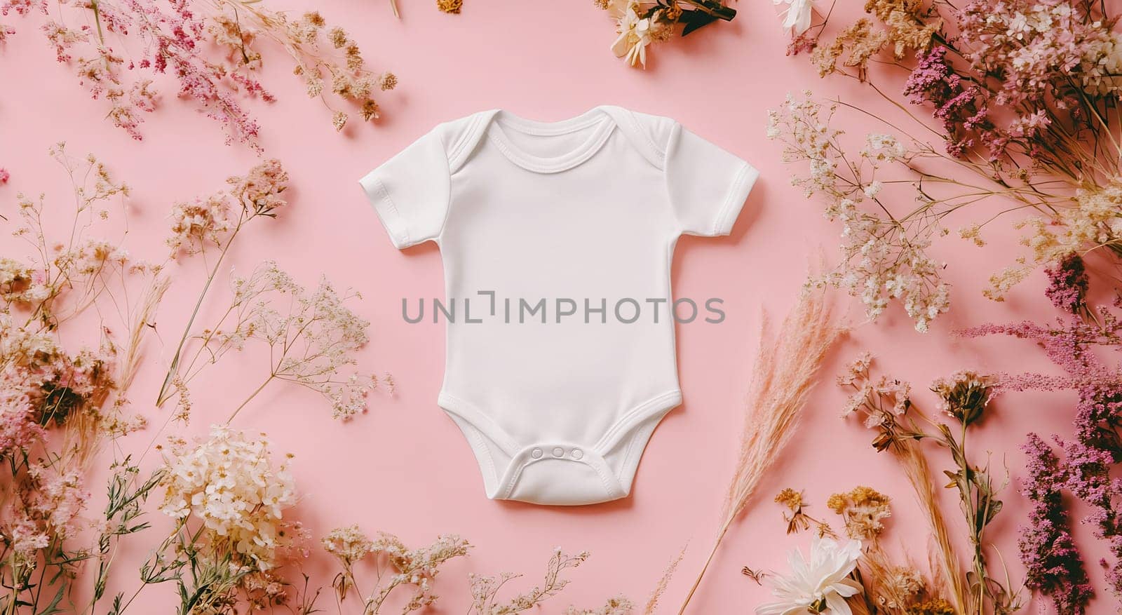 A plain white baby onesie is centered on a soft pink surface, surrounded by delicate dried flowers, creating a charming display.