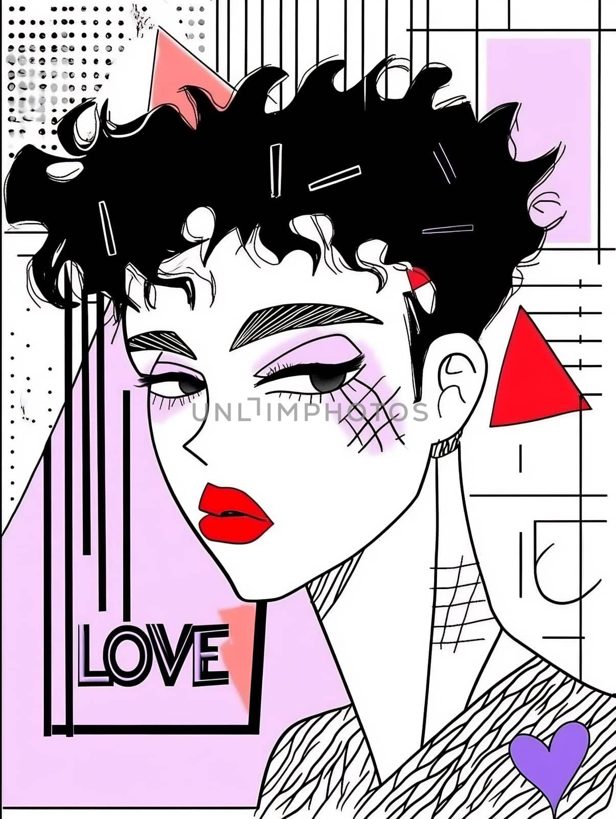A striking illustration showcasing a modern girl with bold makeup and hairstyle, surrounded by abstract shapes and the word love.