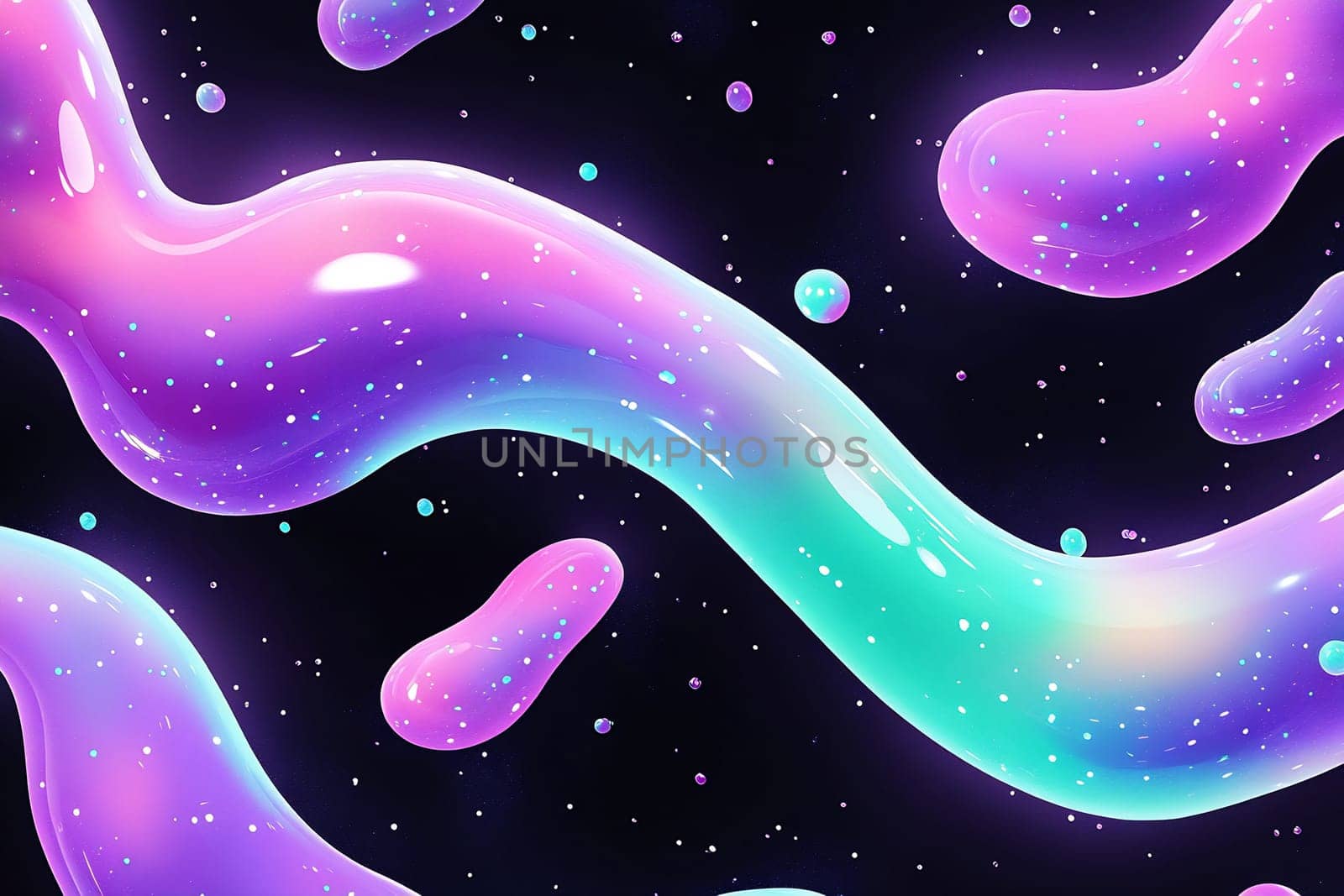 Vibrant swirling shapes in shades of purple and blue float against a black background, creating a lively and dynamic visual effect.