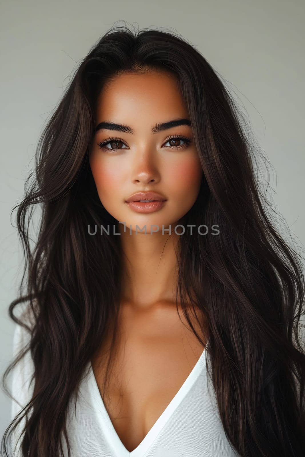 A young woman stands in a well-lit indoor space, showcasing her long, flowing hair and natural beauty, creating an elegant atmosphere.