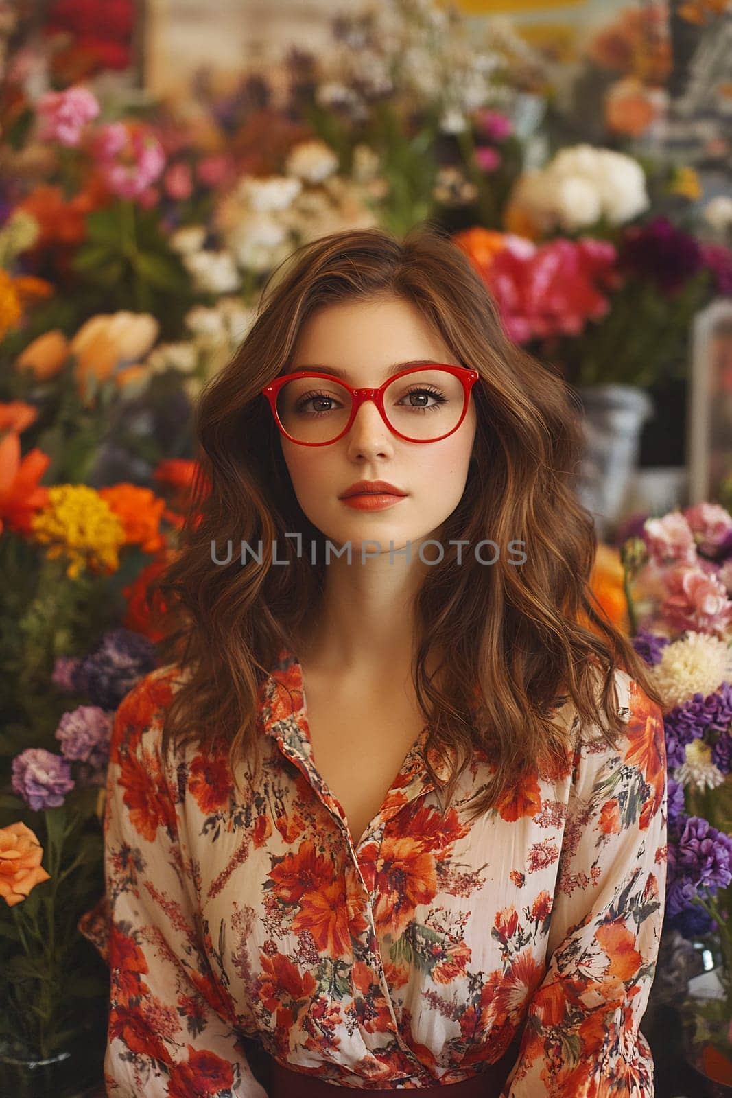 A young woman with red glasses poses amidst vibrant flowers in a colorful floral shop, showcasing her relaxed demeanor.