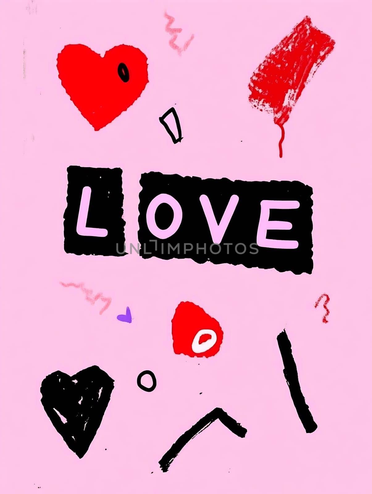 Bright pink background features the word love with hearts and colorful doodles surrounding it, creating a playful atmosphere.
