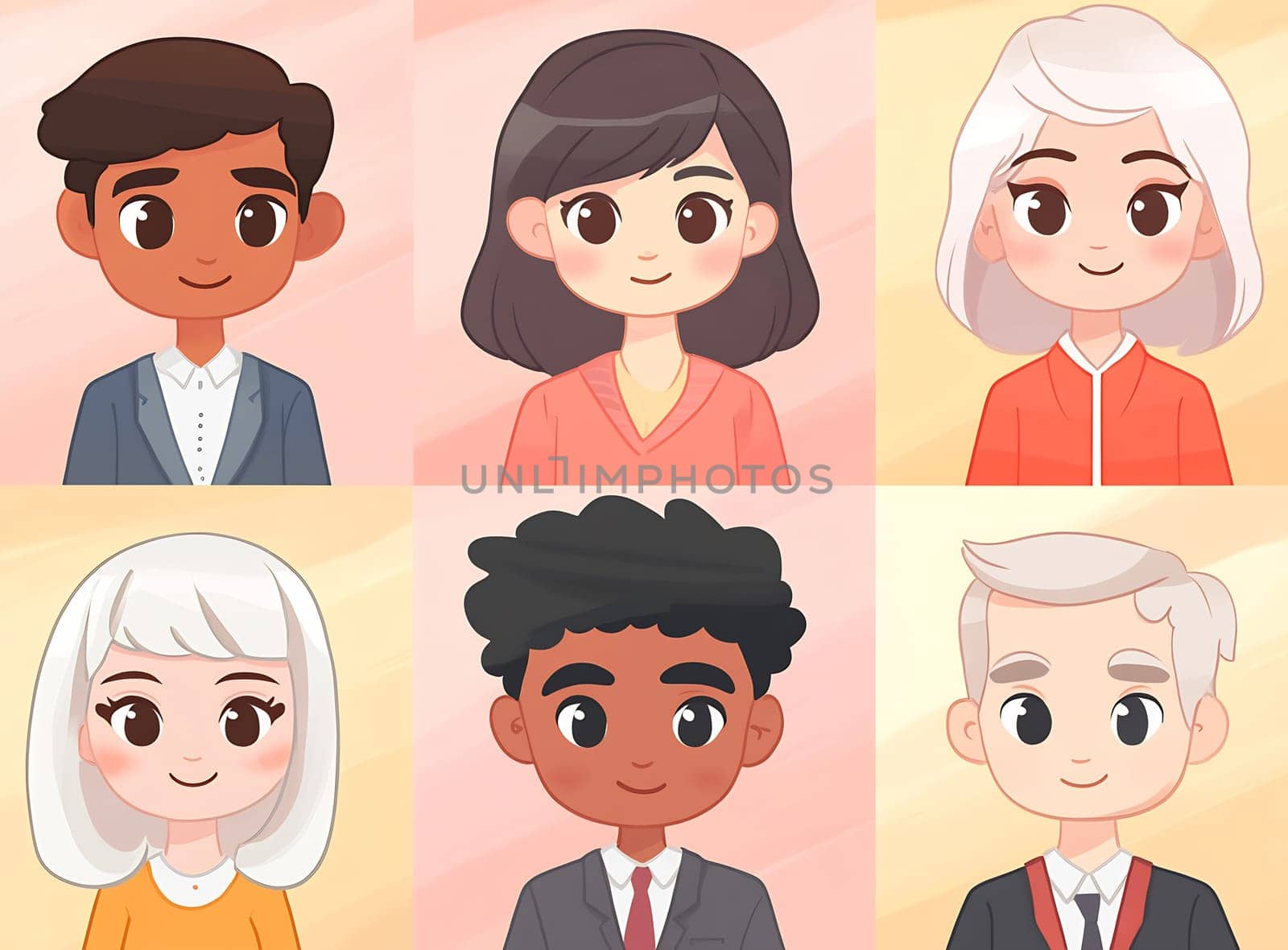 A grid of animated characters showcases various hairstyles and expressions, representing diversity and casual fashion choices.