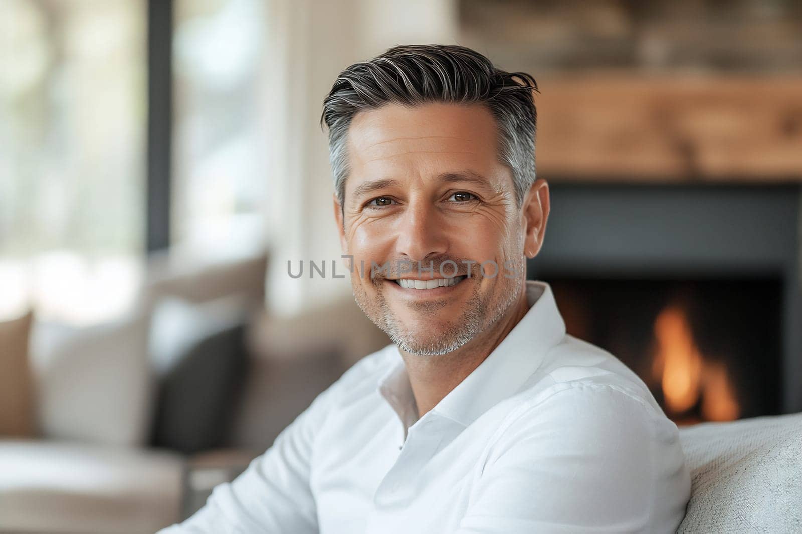 A man with a confident smile sits comfortably, enjoying the warmth of a glowing fireplace in a stylish living room.