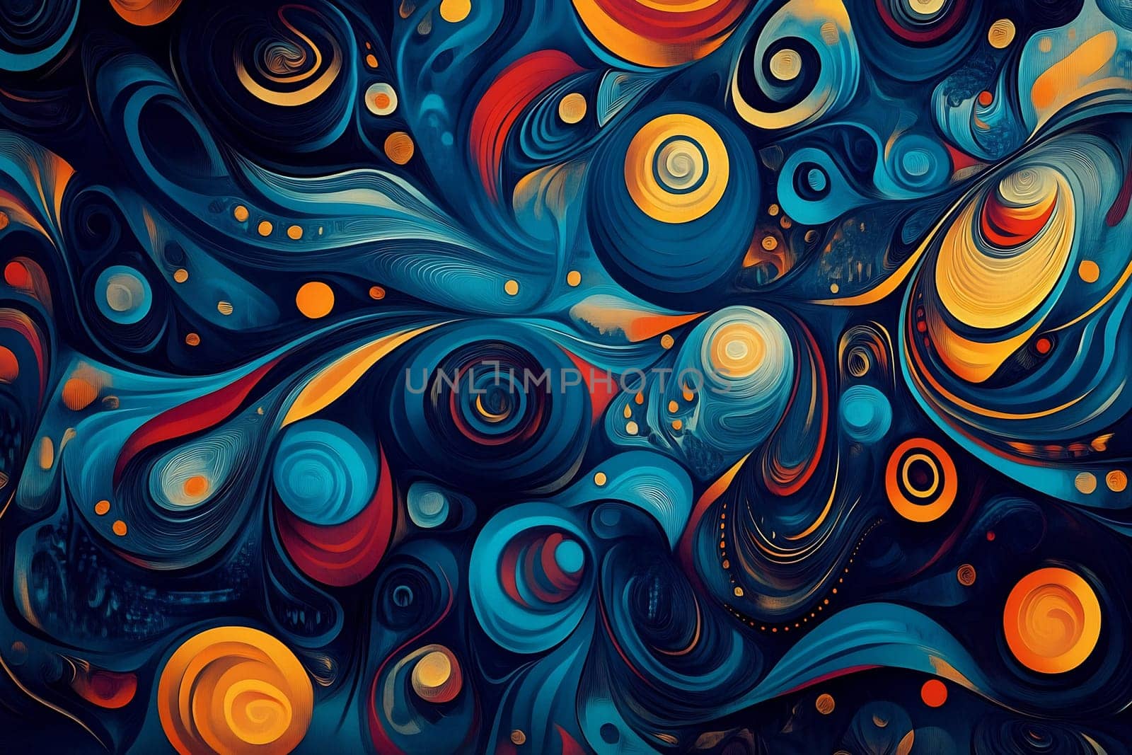 Brightly colored swirls and circles create a vibrant abstract composition with rich blues and warm tones flowing together artistically.