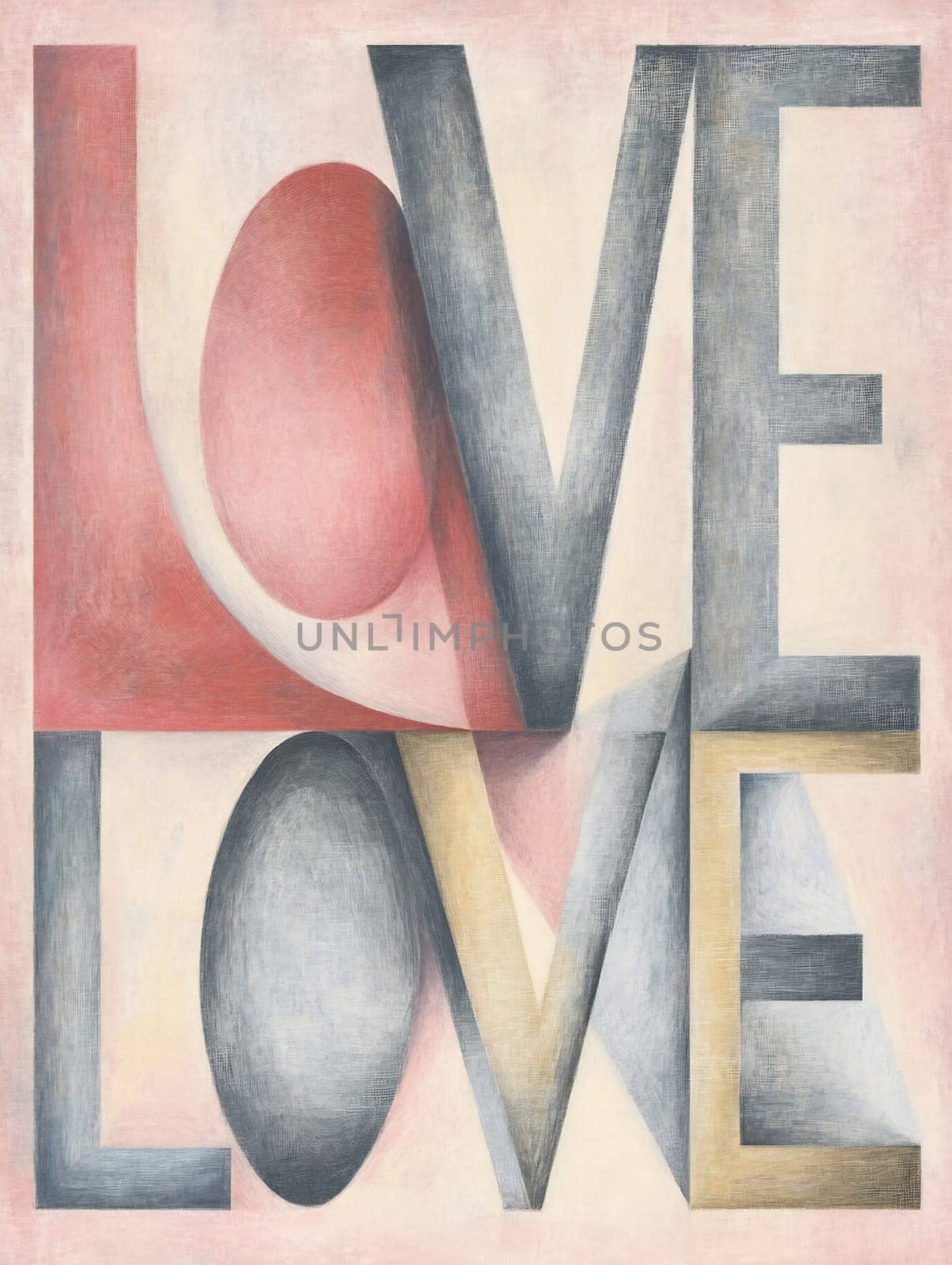 A vibrant display features the word LOVE in large letters with artistic colors and shapes, conveying emotion and warmth.