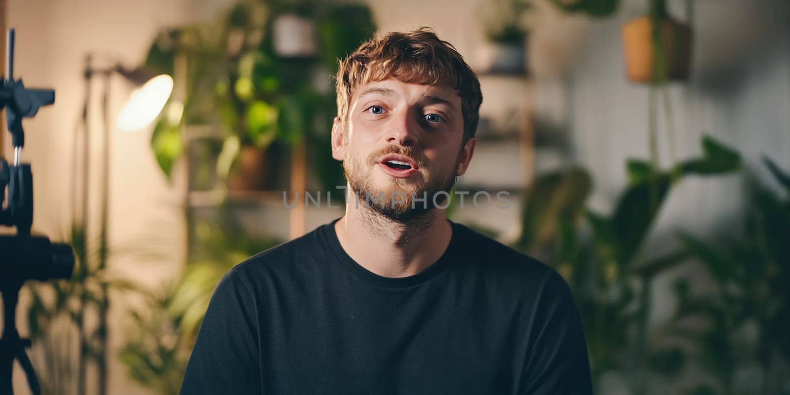 A young man shares insights about plants while sitting in a warmly lit room filled with greenery.