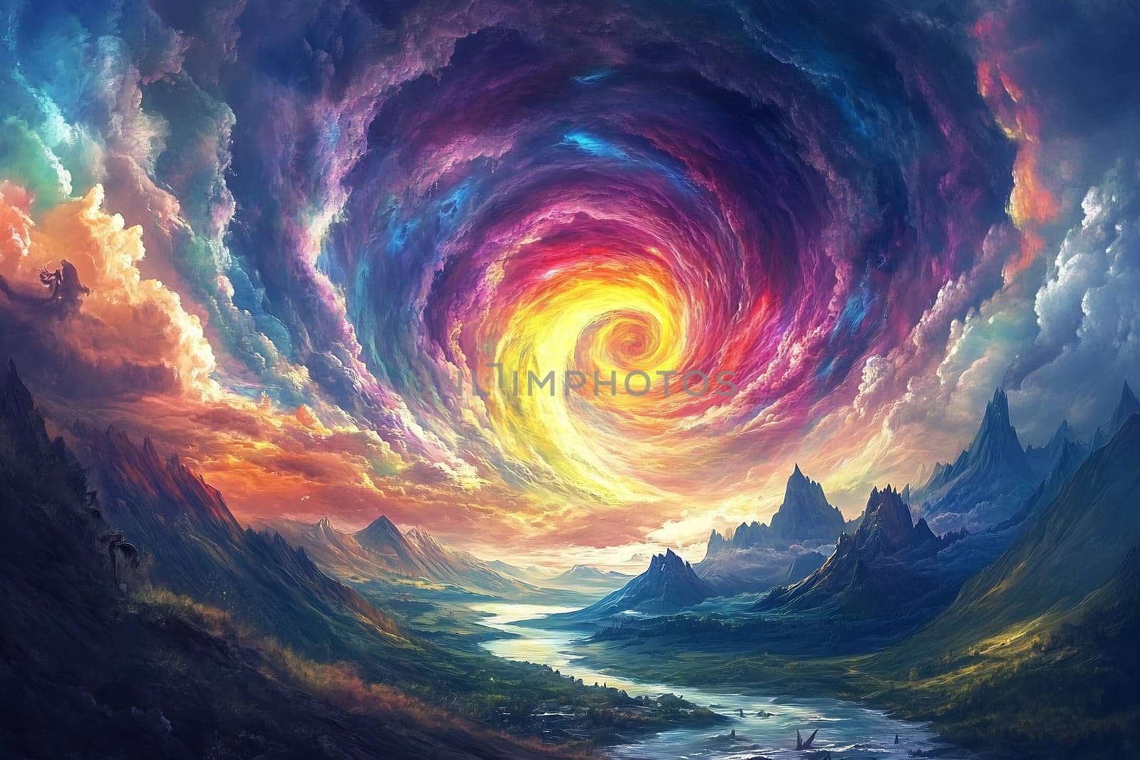 A stunning swirl of colorful clouds forms above majestic mountains as a river winds through the vibrant landscape during sunset.