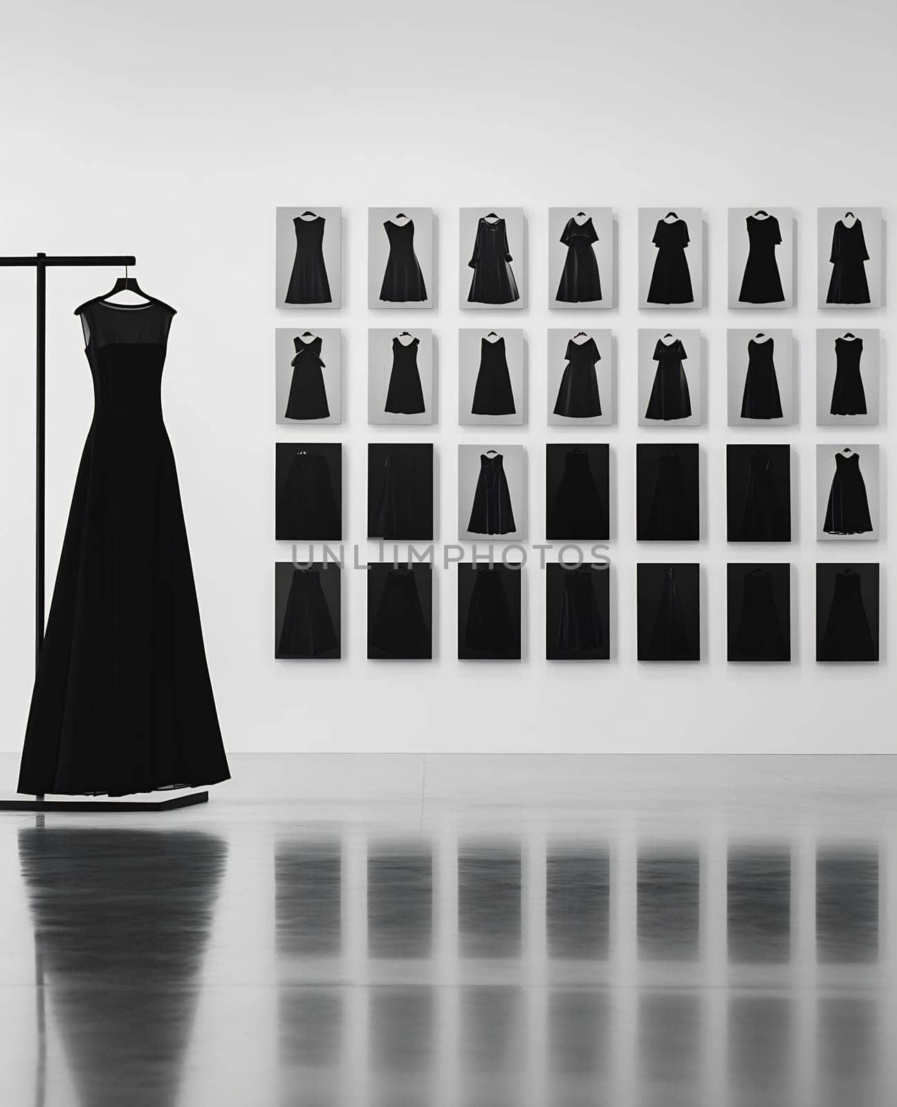 A contemporary art gallery displays a long black dress alongside a collection of framed black dress designs on the wall.