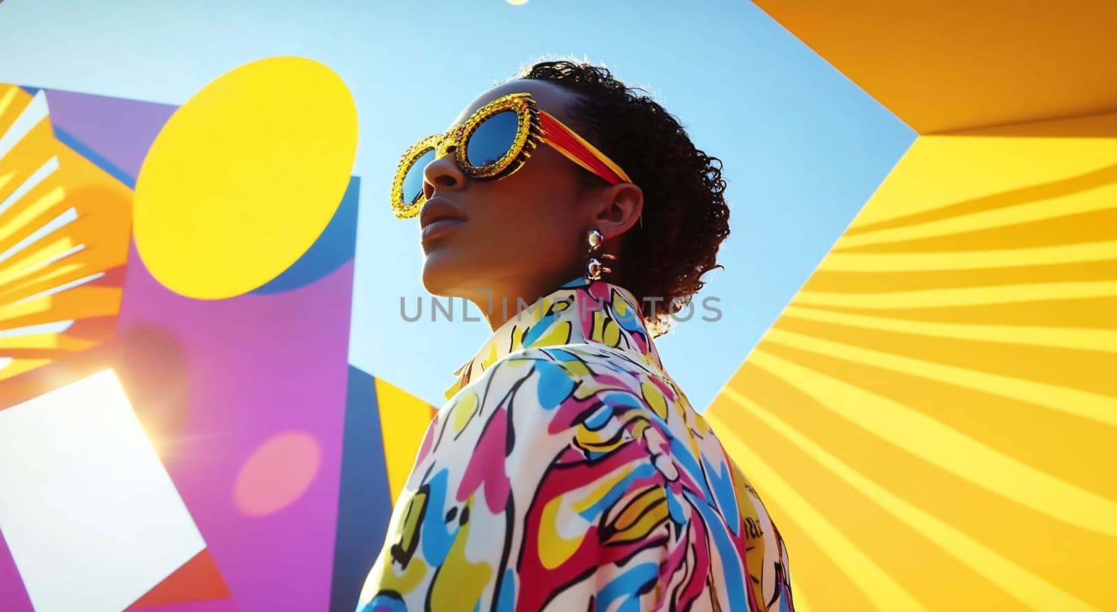 A person stands confidently against a backdrop of bright geometric murals, showcasing bold fashion and artistic expression in an urban environment.