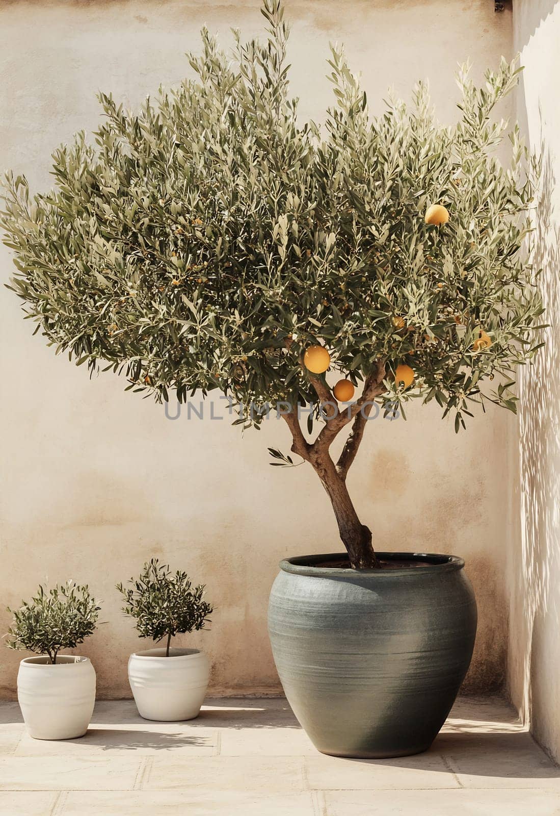 A large olive tree with ripe oranges stands in a decorative pot, surrounded by smaller potted olive plants in a sunny courtyard.