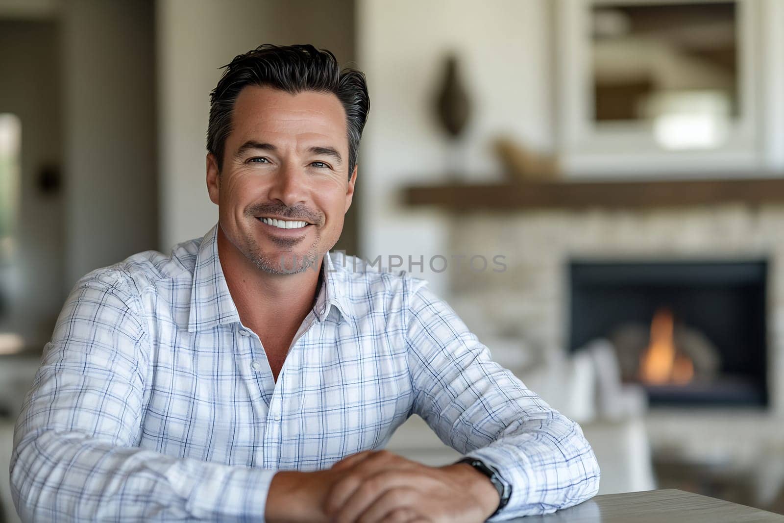 A man with a friendly smile sits at a table in a stylish living room, showcasing a warm and inviting atmosphere.