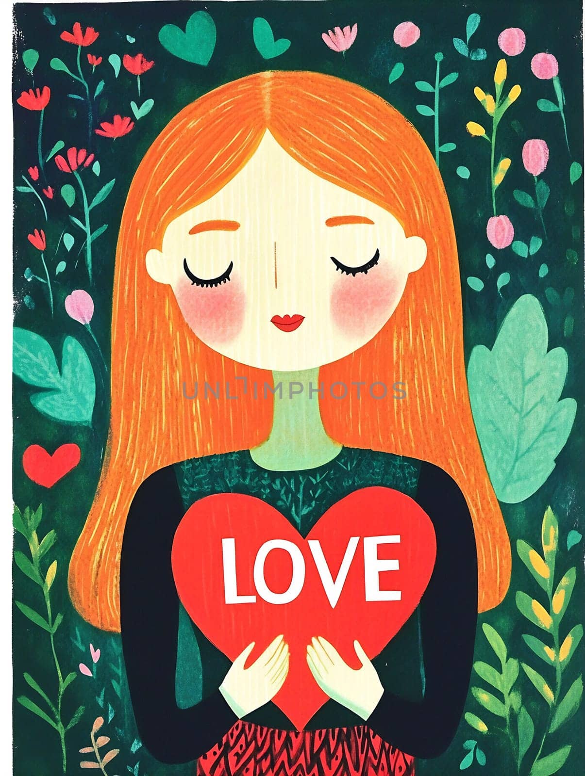 A girl with long red hair embraces a heart labeled love, surrounded by colorful flowers and foliage in a lush garden setting.