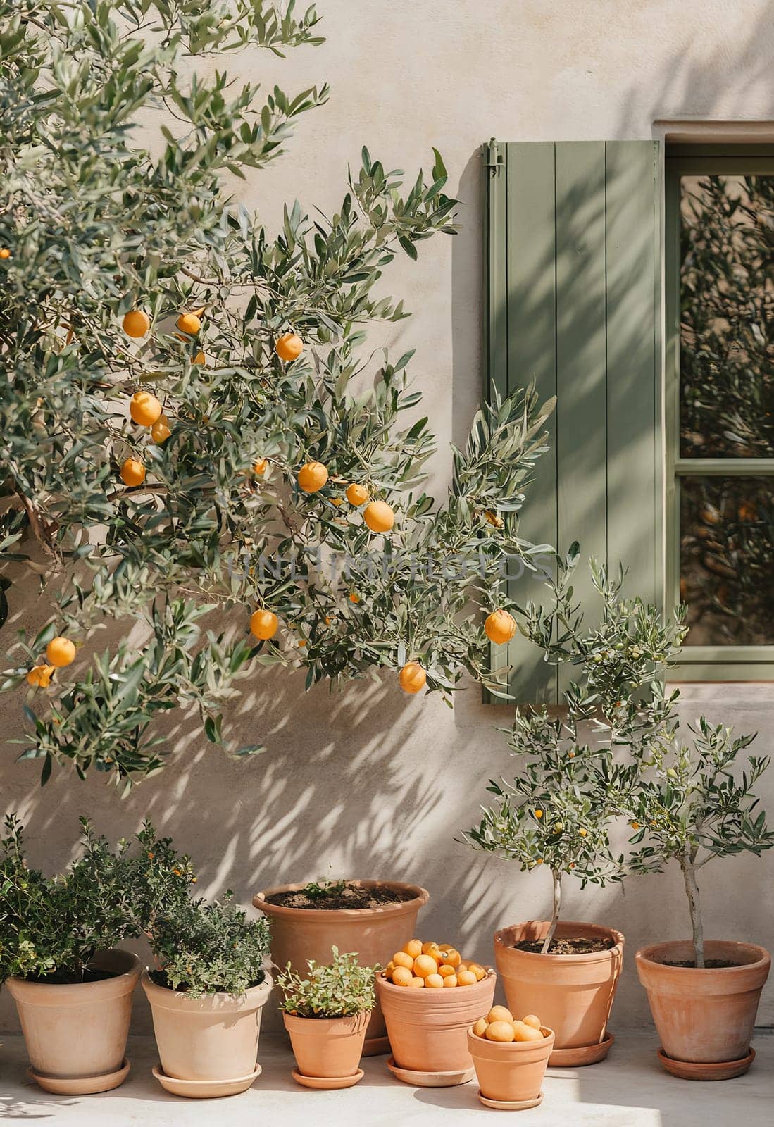A charming display of potted orange trees and herbs near a green shuttered window, showcasing vibrant oranges against a dusty backdrop.