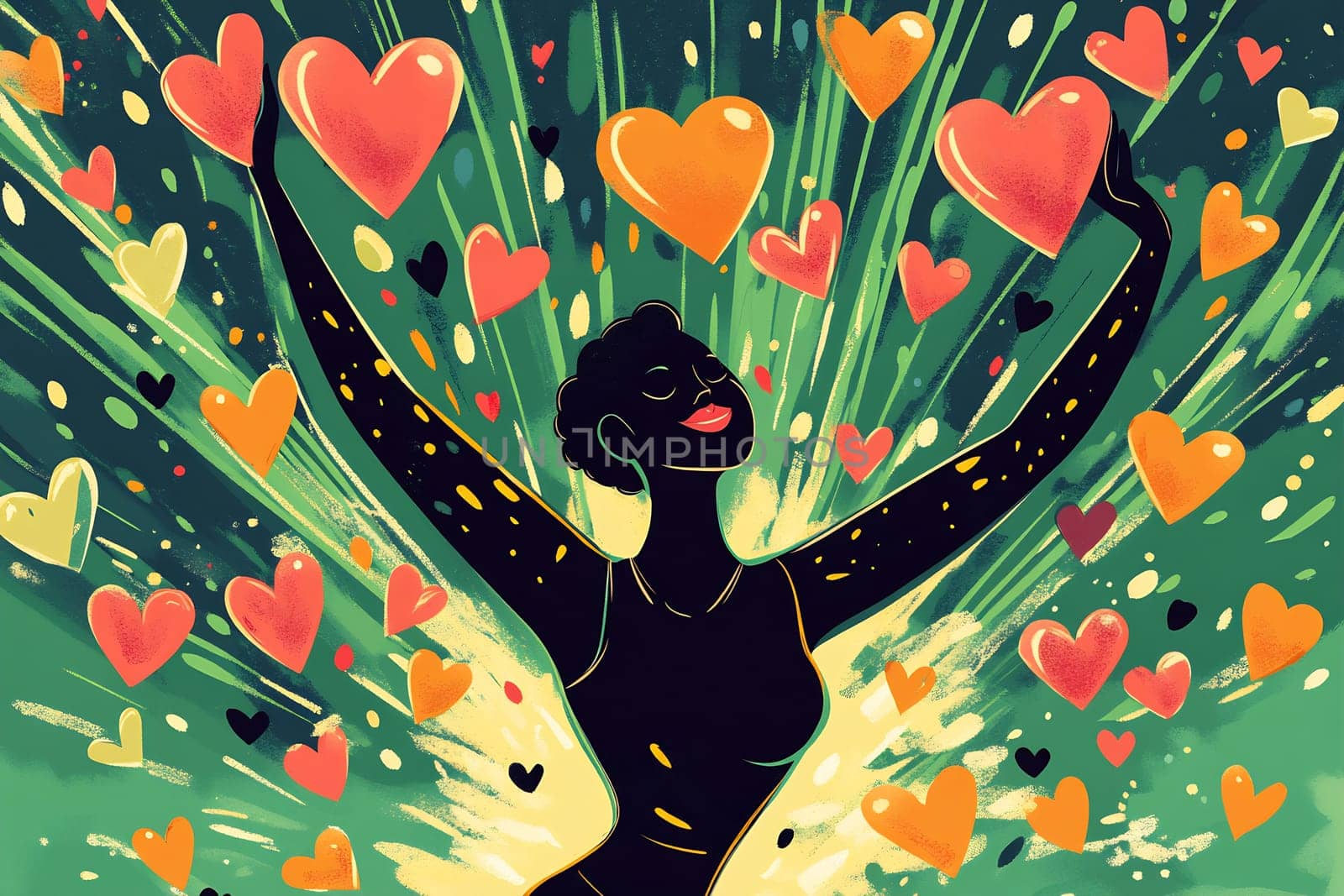 A joyful figure expresses happiness as colorful hearts radiate around, creating an uplifting atmosphere of love.