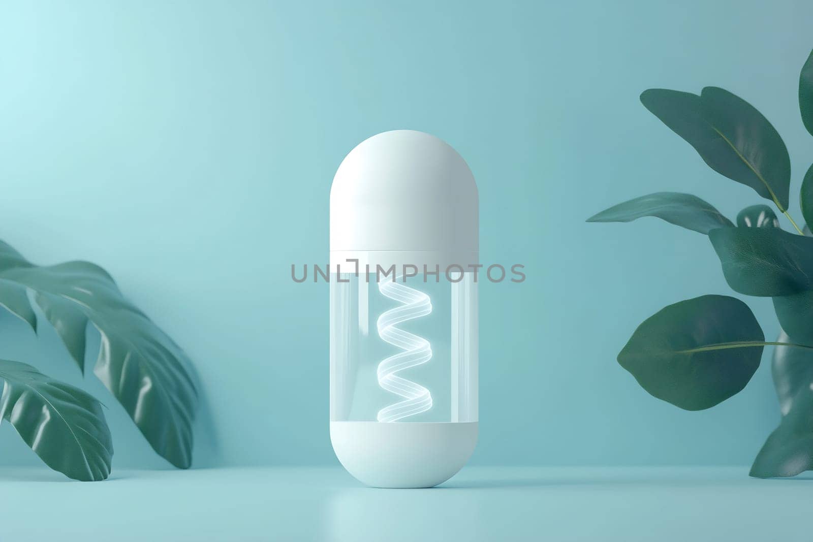 A sleek capsule stands on a gentle surface, showcasing a unique spiraled interior against a calming backdrop of greenery.