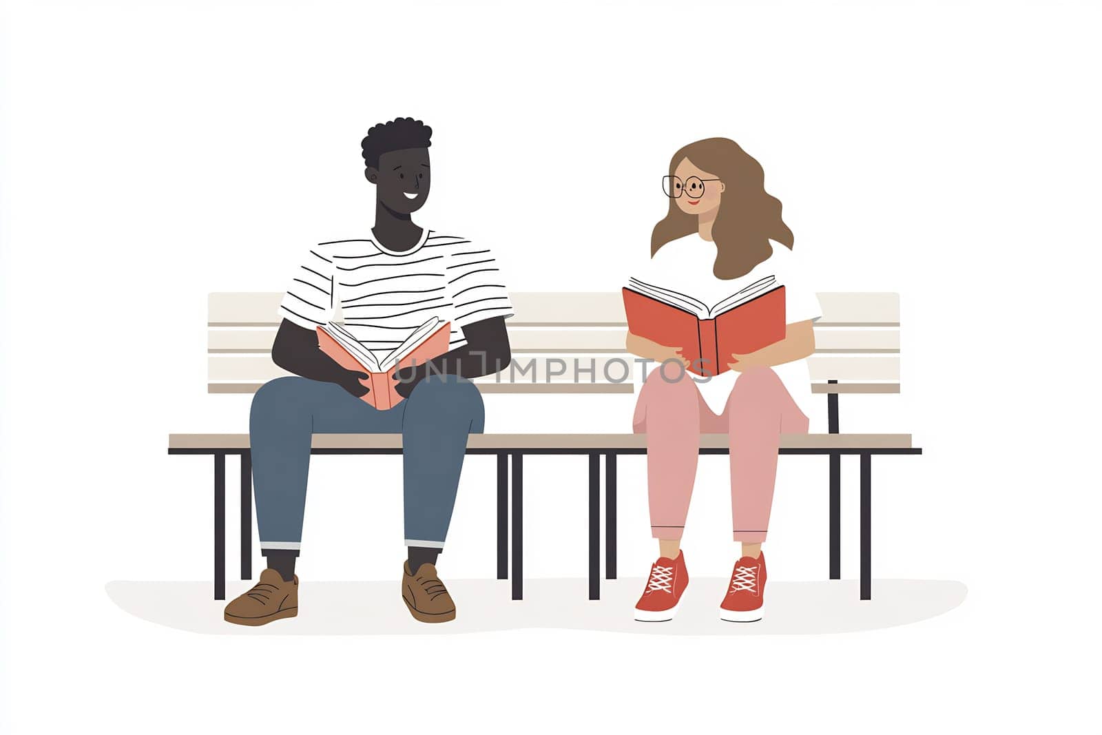 A man and a woman enjoy reading their books on a park bench in a relaxed outdoor setting, immersed in their stories.